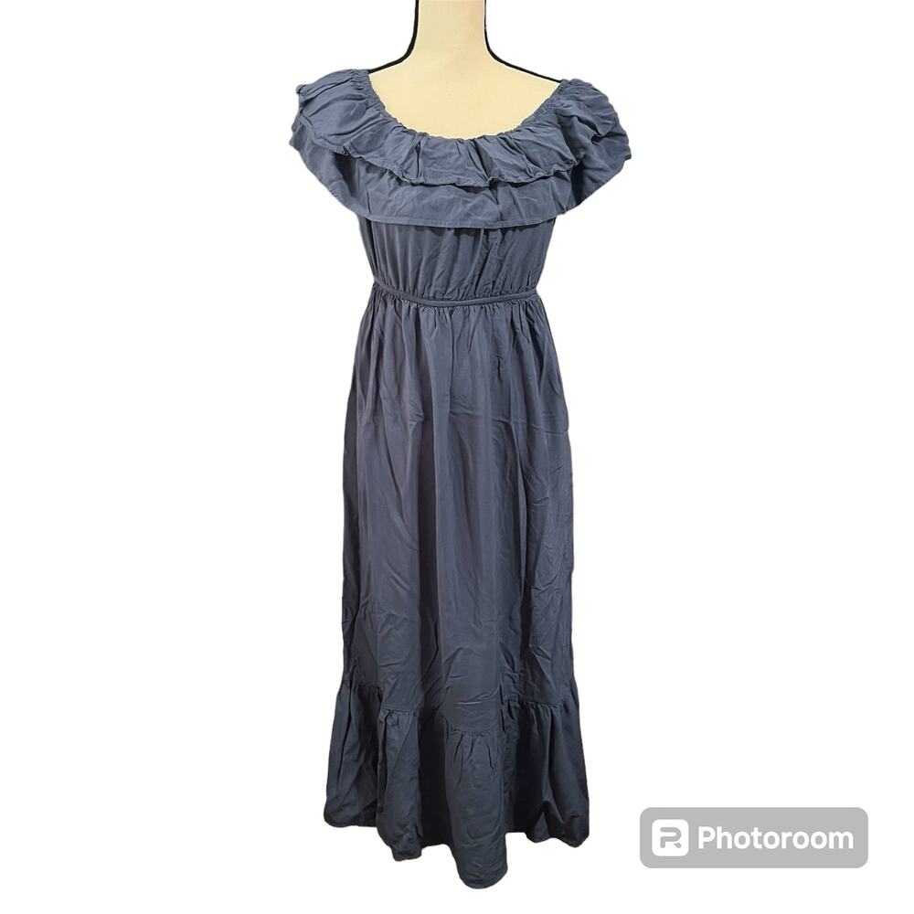 Anna Kaci Women's Blue Off Shoulder Ruffle Tiered Slate Goddess Maxi Dress Sz S